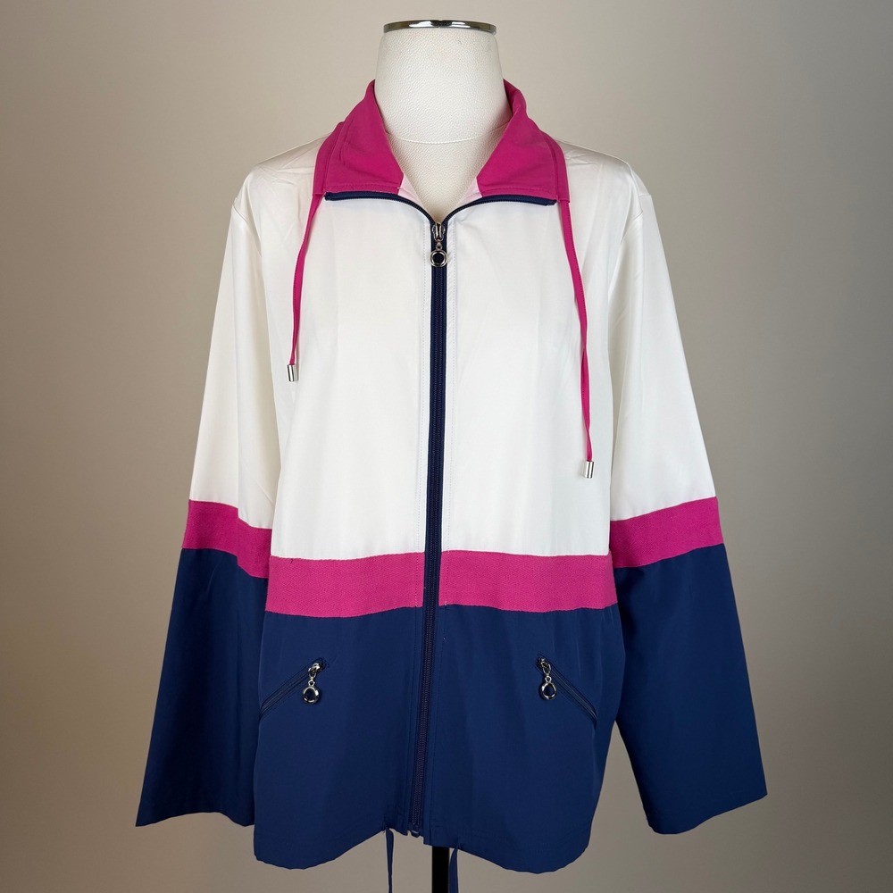 D&D Lifestyle Colorblock Full Zip Windbreaker Jacket White/Pink/Navy Women Large